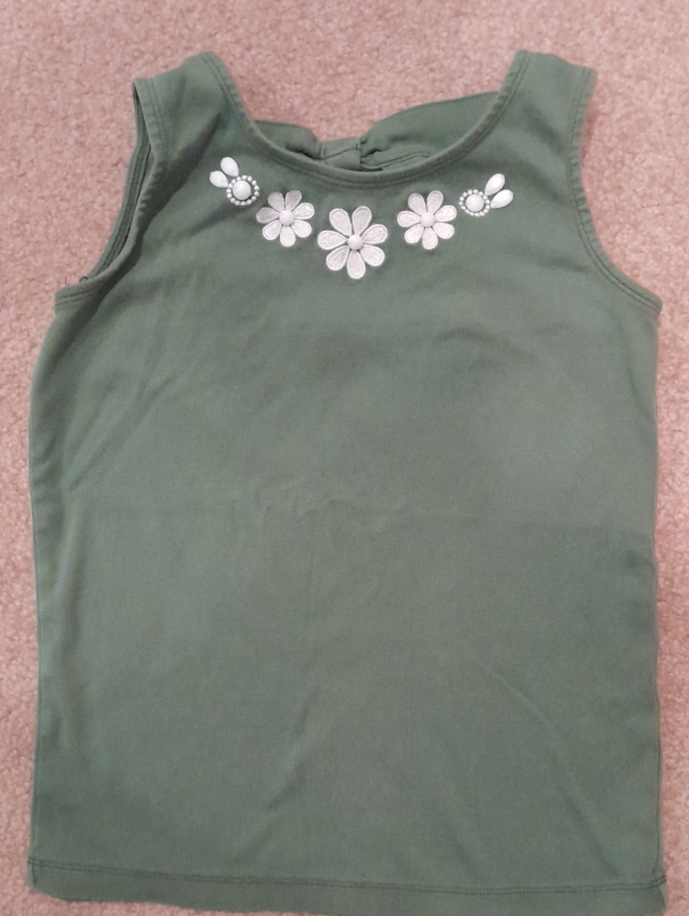 Gymboree Olive Green Sleeveless Top with White Floral Embroidered & Bead Trim